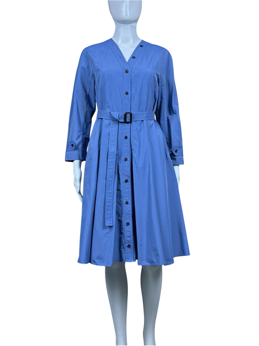 ’S MaxMara Belted Midi Shirt Dress Size 6 Blue Pockets Button Front Preppy - Picture 2 of 16